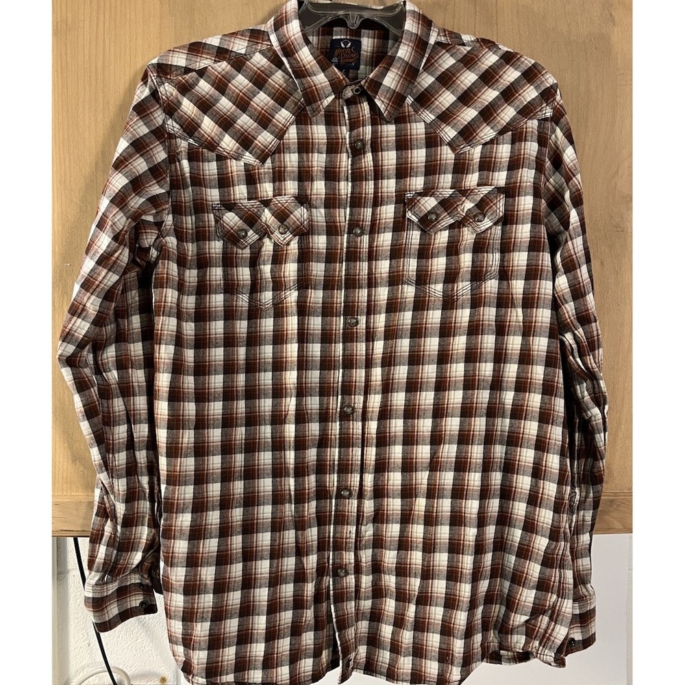 Moonshine Spirit Western Snap Shirt Mens Lg Brown Plaid Long Sleeve Brad Paisley